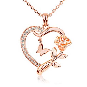 Heart Necklace Rose Butterfly Sterling Silver plated 14k Jewelry Wife Lover Mother Gift