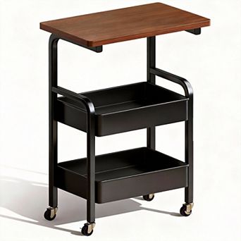 3 tier Rolling Cart Walnut Top with 2 Lockable Wheels Storage Organizer