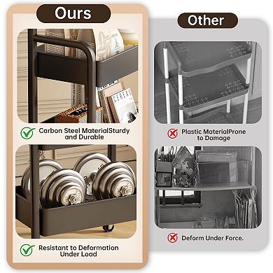 3 Tier Rolling Cart Walnut Top with 2 Lockable Wheels Storage Organizer