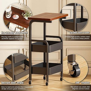 3 Tier Rolling Cart Walnut Top with 2 Lockable Wheels Storage Organizer