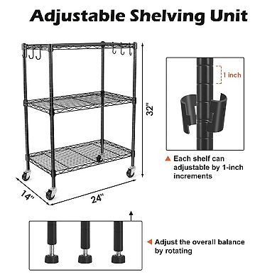 3-Tier Metal Wire Rolling Rack Adjustable Shelves