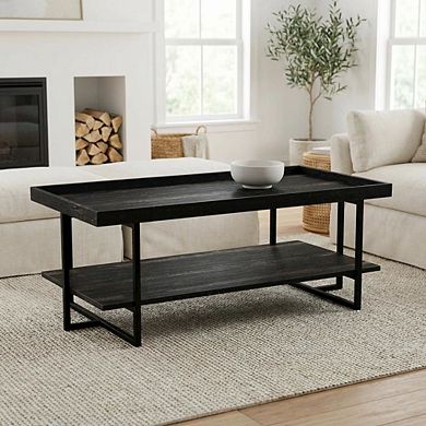 Black Industrial Wood Coffee Table with 1 Shelf MDF and Metal Frame
