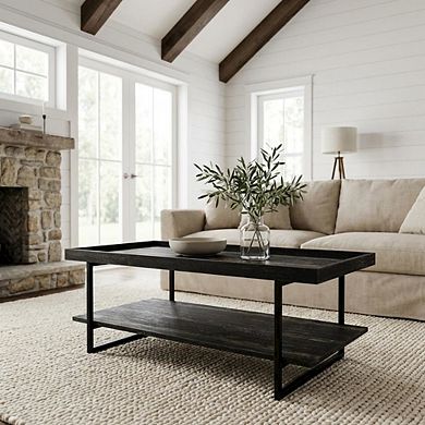 Black Industrial Wood Coffee Table with 1 Shelf MDF and Metal Frame