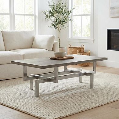 Gray Wood Coffee Table with Brushed Stainless Steel Base and Modern Design