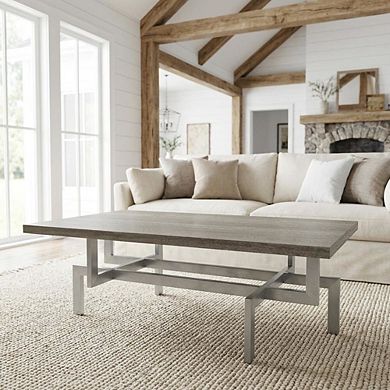 Gray Wood Coffee Table with Brushed Stainless Steel Base and Modern Design