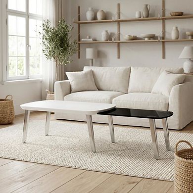 White Wood Nesting Coffee Table with Steel Frame and Tempered Glass Top