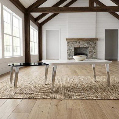White Wood Nesting Coffee Table with Steel Frame and Tempered Glass Top