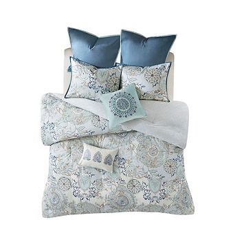 8 pc Queen Size Comforter Set, Cotton Reversible Comforter, Floral Design