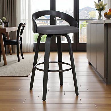 26-Inch Black Counter Height Stool with Backrest in Faux Leather and Wood