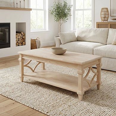 Unfinished Parawood Coffee Table with Brown Finish and Easy Care Surface