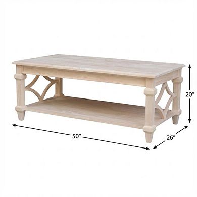 Unfinished Parawood Coffee Table with Brown Finish and Easy Care Surface