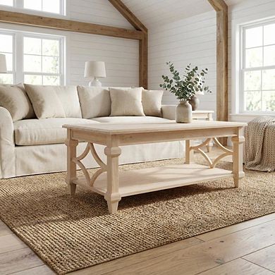 Unfinished Parawood Coffee Table with Brown Finish and Easy Care Surface