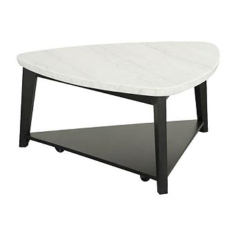White Marble and Wood Triangle Coffee Table with Solid Engineered Wood Base