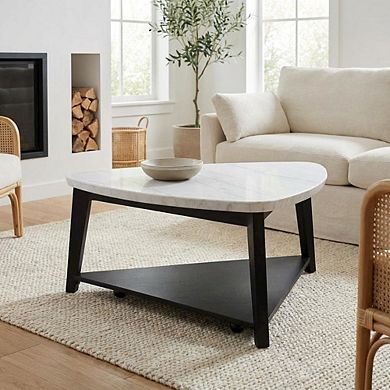 White Marble and Wood Triangle Coffee Table with Solid Engineered Wood Base