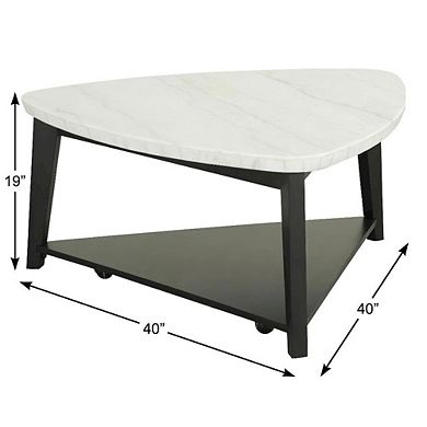 White Marble and Wood Triangle Coffee Table with Solid Engineered Wood Base
