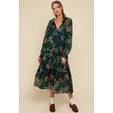 Maternity Floral Chiffon Ruffle Tiered Midi Dress