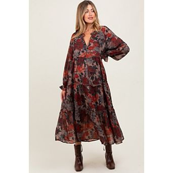 Maternity Floral Chiffon Ruffle Tiered Midi Dress
