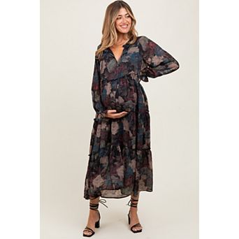 Maternity Floral Chiffon Ruffle Tiered Midi Dress