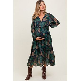 Maternity Floral Chiffon Ruffle Tiered Midi Dress