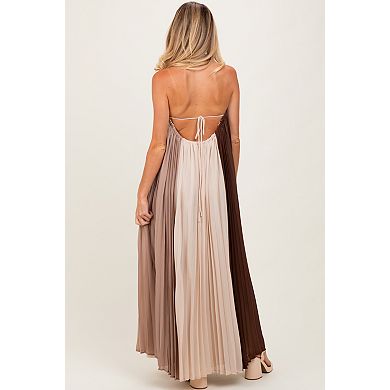 Maternity Colorblock Pleated Halter Neck Maxi Dress