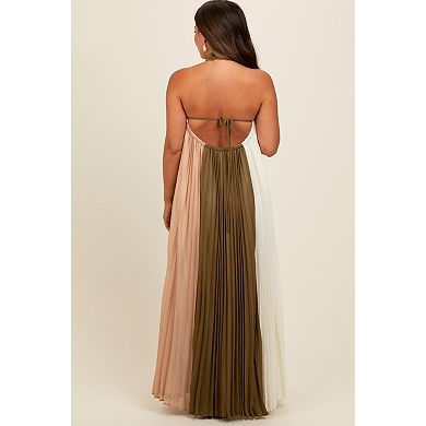 Maternity Colorblock Pleated Halter Neck Maxi Dress