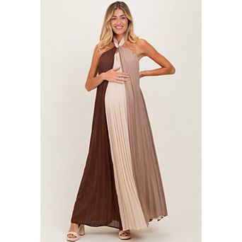 Maternity Colorblock Pleated Halter Neck Maxi Dress