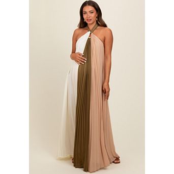 Maternity Colorblock Pleated Halter Neck Maxi Dress