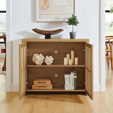 TEINIE 39.4" Mid-Century Rattan Buffet Cabinet with Outlet Holes