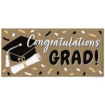 Black & White Graduation Kraft Paper Banner, Congratulations Grad Printed Brown Paper Decor 1 ct