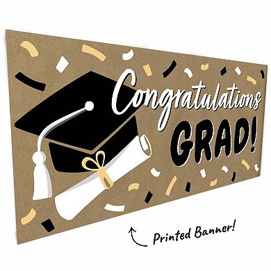 Black & White Graduation Kraft Paper Banner, Congratulations Grad Printed Brown Paper Decor 1 Ct