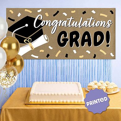 Black & White Graduation Kraft Paper Banner, Congratulations Grad Printed Brown Paper Decor 1 Ct