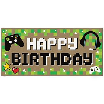 Game Zone Kraft Paper Banner, Pixel Video Game Happy Birthday Printed Party Sign Decoration 1 ct