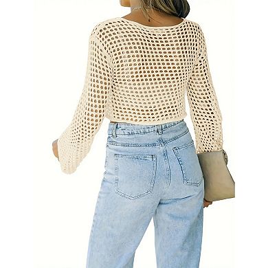 Women's Crochet Crop Long Sleeve Knitted Beach Cover Ups