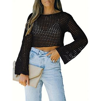 Women's Crochet Crop Long Sleeve Knitted Beach Cover Ups