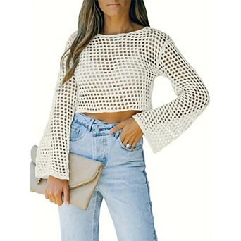 Women's Crochet Crop Long Sleeve Knitted Beach Cover Ups