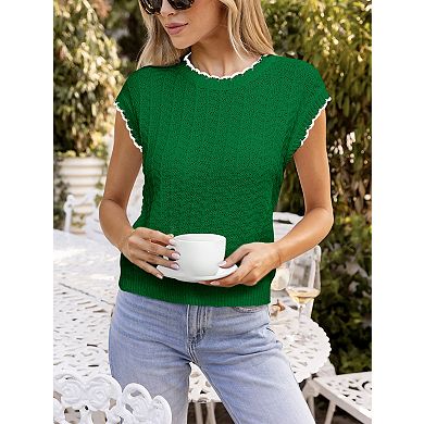 Women's Short Sleeve Sweater with Contrast Trim Crewneck Knit Top