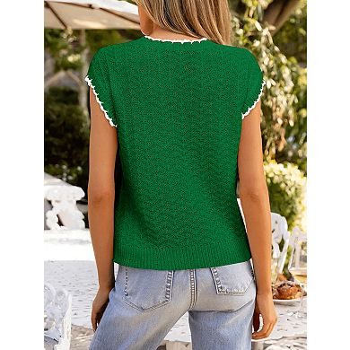 Women's Short Sleeve Sweater with Contrast Trim Crewneck Knit Top
