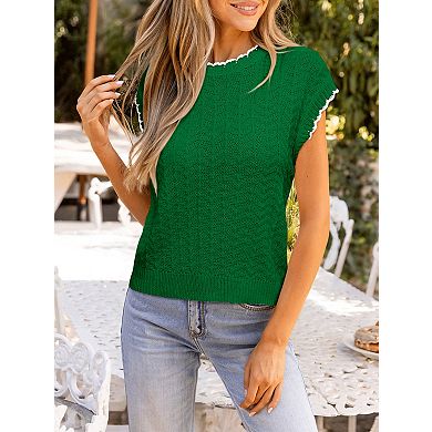 Women's Short Sleeve Sweater with Contrast Trim Crewneck Knit Top