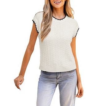 Women's Short Sleeve Sweater with Contrast Trim Crewneck Knit Top
