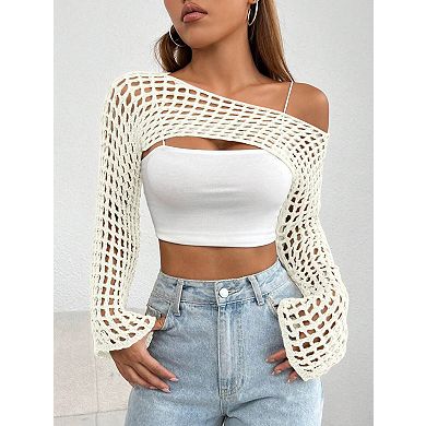 Women's Crochet Cover Up Long Sleeve Lightweight Cropped Sweater