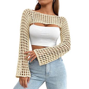 Women's Crochet Cover Up Long Sleeve Lightweight Cropped Sweater