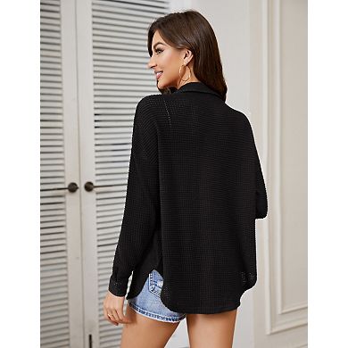 Women's Waffle Knit Cardigans Casual Long Sleeve Front Button Tops With Pockets