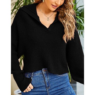 Women's Oversized Ribbed Knit Sweater V-Neck Long Sleeve Top