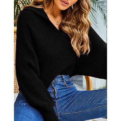Women's Oversized Ribbed Knit Sweater V-Neck Long Sleeve Top