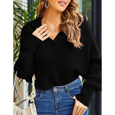 Women's Oversized Ribbed Knit Sweater V-Neck Long Sleeve Top