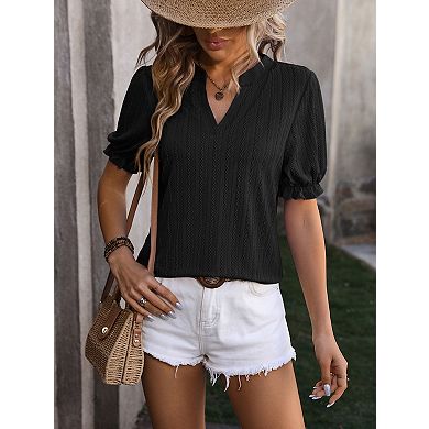 Women's V-Neck Knit Top Puff Sleeve Blouse Textured Casual Shirt