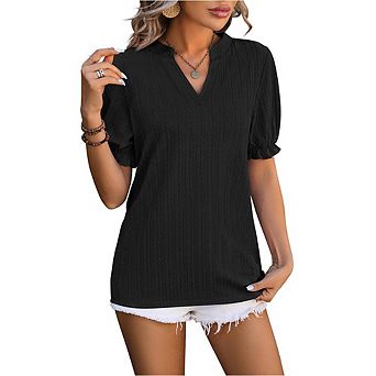 Women's V-Neck Knit Top Puff Sleeve Blouse Textured Casual Shirt