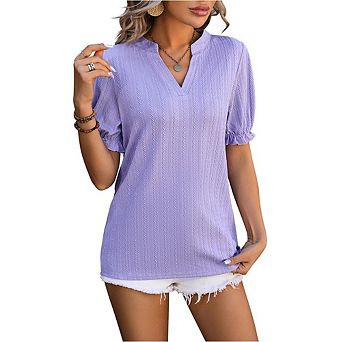 Women's V-Neck Knit Top Puff Sleeve Blouse Textured Casual Shirt