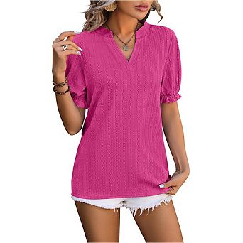 Women's V-Neck Knit Top Puff Sleeve Blouse Textured Casual Shirt