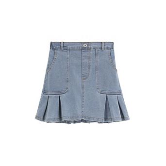 Girls Denim Skirts Elastic Waist Pleated Jean Skirt